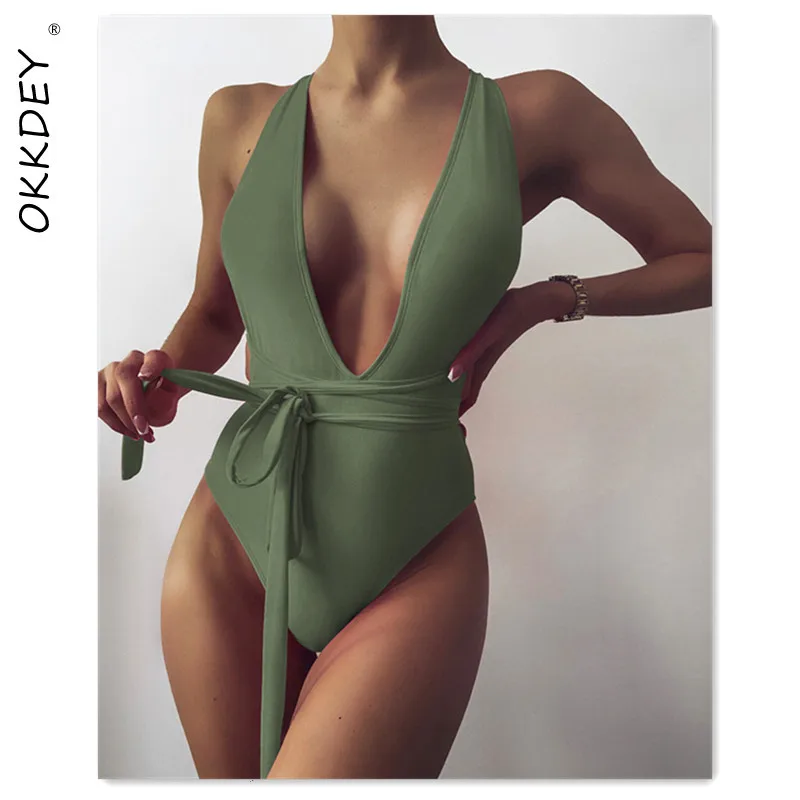 

Sexy One Piece Swimsuits 2021 Cut Out Swimwear Women High Cut Bathing Suits Drawstring Bodysuit Deep V Neck Monokini Beachwear