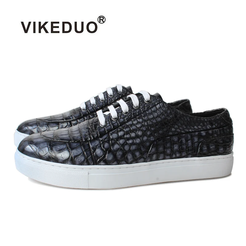 

Мужские кроссовки Vikeduo, ручная работа, Ретро стиль, черные, серые, повседневные, мужская кожаная обувь натуральная кожа, крокодил