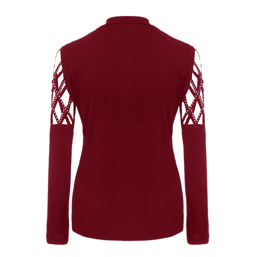 

Fashion Womens Casual Blouse Tops Long Sleeve Cut Hollow Out Rhinestone Shirt O-Neck Camiseta Mujer Poleras Mujer De Moda 2019