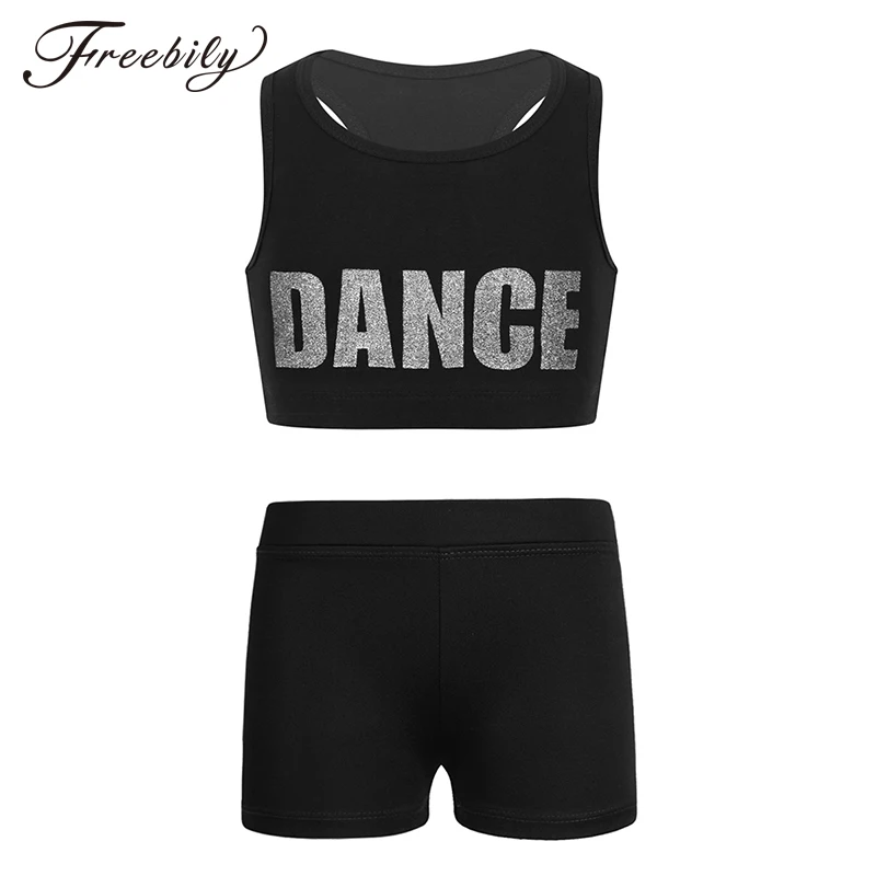 

Kids Girls Ballet Dance Clothes Sport Dance Gymnastics Costume Set Letter Printed Crop Top With Shorts Bottoms Stage Dancewear