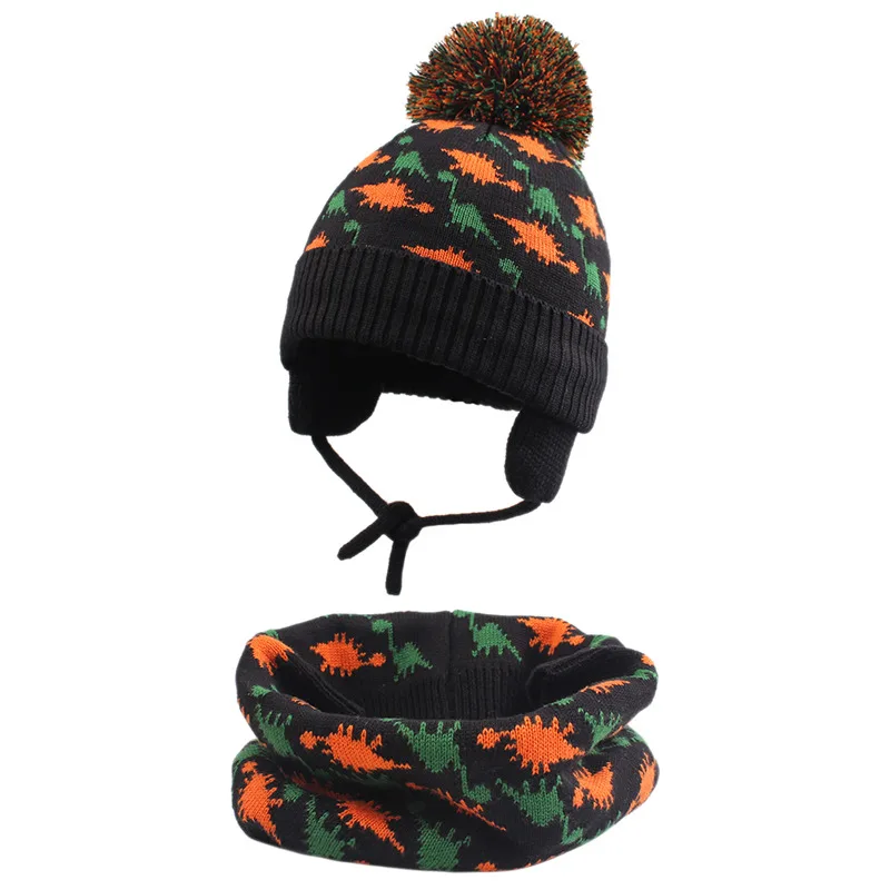 Dinosaur Baby Beanie Scarf Hat Set Toddler Boy Girl Winter Spring Earflap Cap Thick Lining Warm with Neckerchief Elastic | Детская