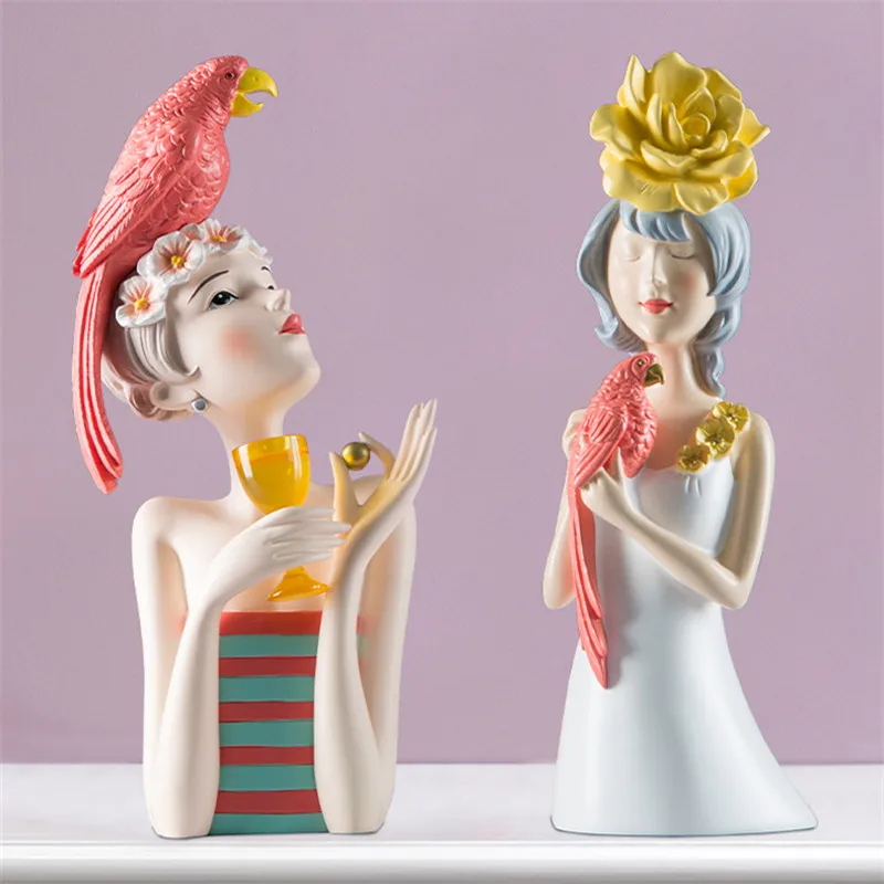 

Nordic Parrot Girl Statue Creative Living Room Entrance Home Decor TV Cabinet Desktop Sculpture Decoration Birthday Gift A1840