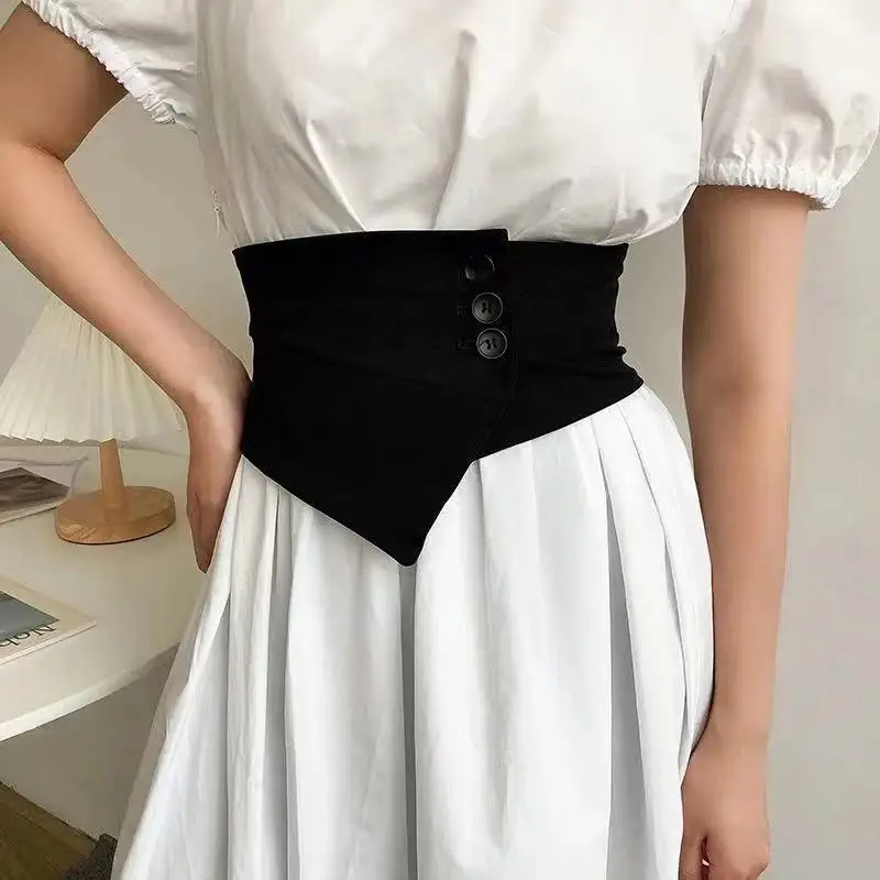 

2023 New Girdle For Women OL Suit irregular Button decorate Waistband Fashion Ladies wide black Waist Belt Elastic Cummerbunds