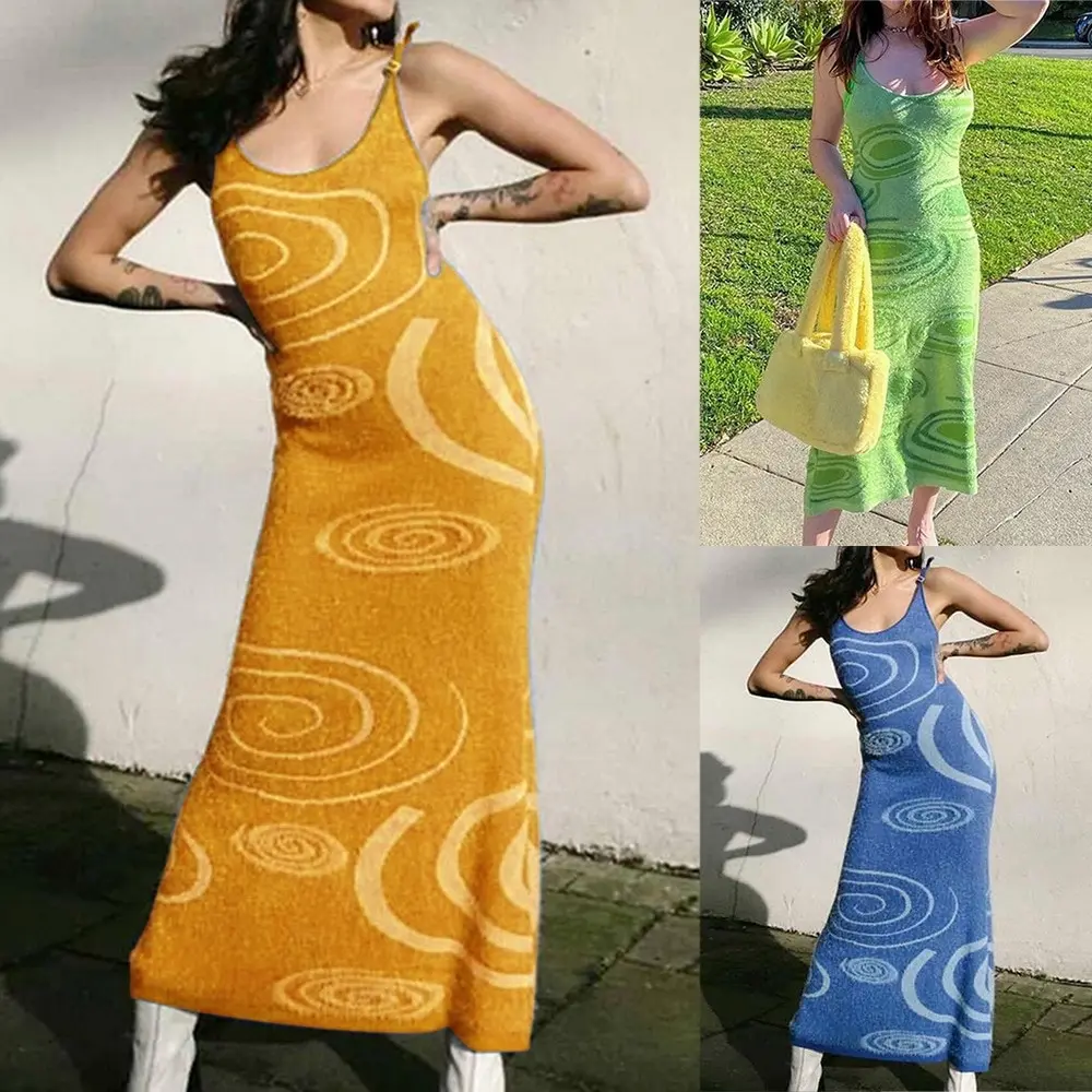 

Paisley Print Knit Dress Women Green Y2K Summer Sexy Bodycon Sleeveless Spaghetti Strap Beach Party Midi Dresses 2021