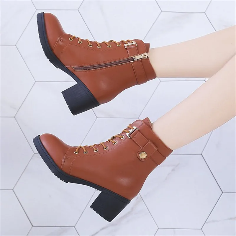 

Autumn Winter Women High Quality leather boots Fashion High heel Lace up Side zipper Wear-resistant non-slip Women Ankle Boots