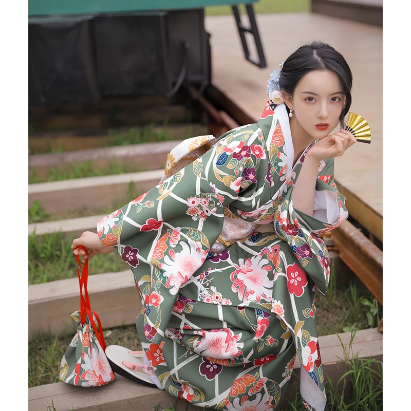 

Традиционное японское кимоно, женское зеленое платье для фотосъемки с цветочным принтом, одежда для косплея, Халат
