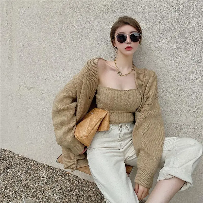 CMAZ women spring autumn sets 2pcs cardigan+camis loose female coats 8116# | Женская одежда