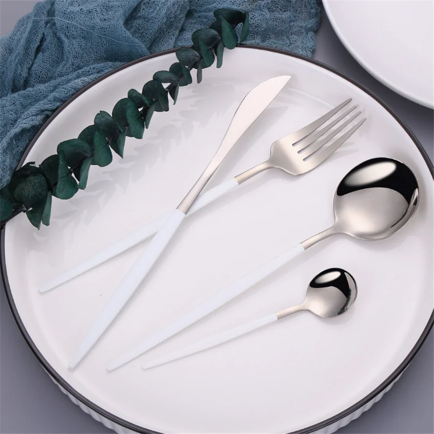 

Tableware White Silver Stainless Steel Cutlery Set Dessert Fork Tea Spoon Dinner Knife Dinnerware Set Kitchen Utensils Flatware