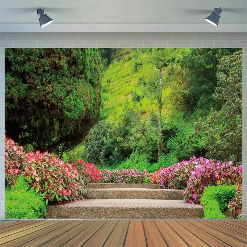 

Spring Scenic Garden Blossom Flowers Photo Backdrop Green Forest Vine Road Steps Photography Background Photocall Photo Studio