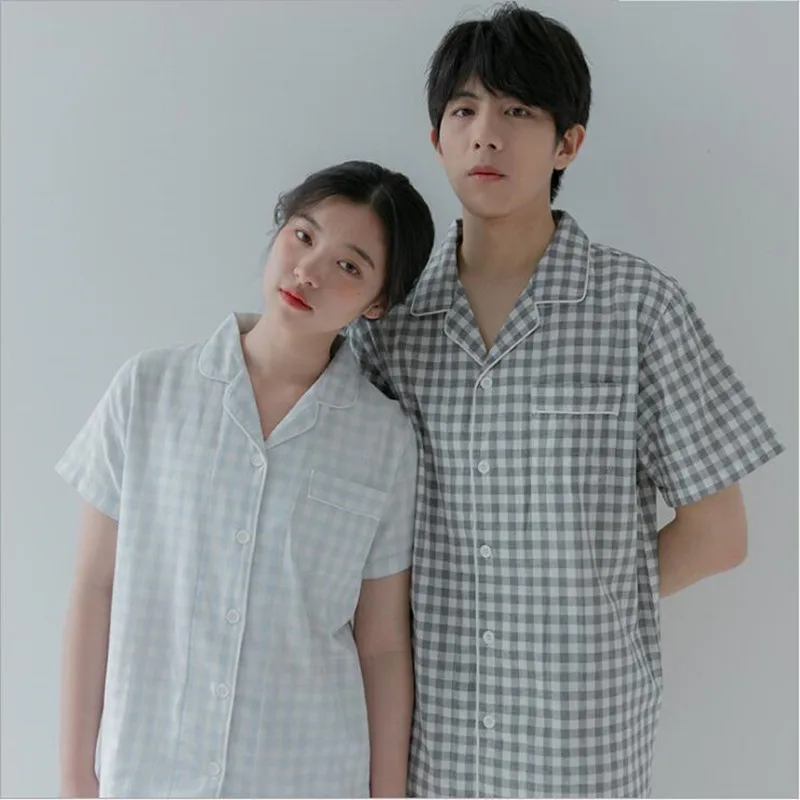 

Girl's Summer Pure Cotton Short Sleeves Plaid Pajamas Women Turn-Down Collar Long Pants Sleepwear Simple Lovers Leisure Wear New