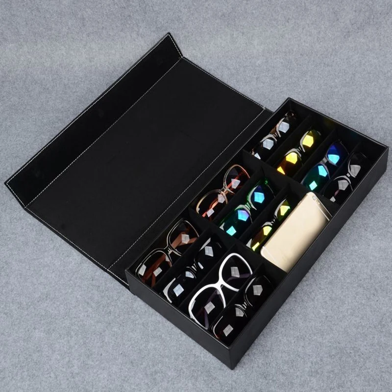 

Glasses storage box 12-Slot Plaid Jewelry Sunglasses Glasses Storage Box Eyes Wear Display Tray Watch Storage Bag PU Leather