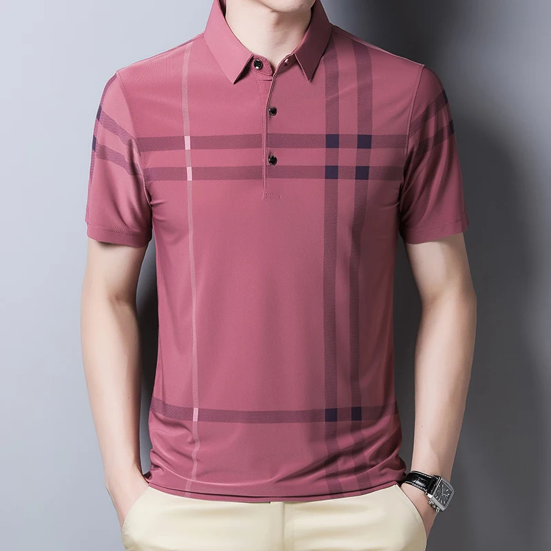 

Middle-aged business men's Polo shirt short-sleeved plaid casual loose breathable anti-wrinkle summer ice silk lapel POLO shirt