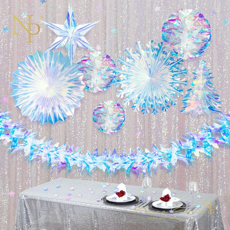 

Nicro 9pcs/set Rainbow Film Star Snowflake Honeycomb Flower Garland Wedding Birthday Ramadan Kareem Decro