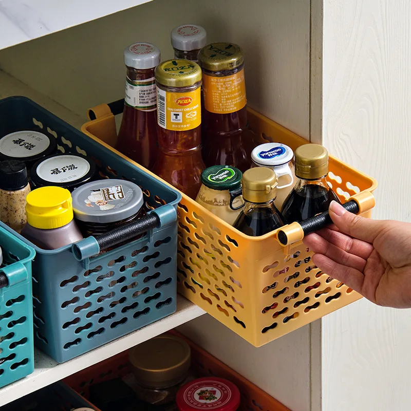 

Sundries Toy Storage Basket with Handle Desk Snacks Cosmetic Plastic Hollow Storage Box Container Home Kitchen Sorting Organizer