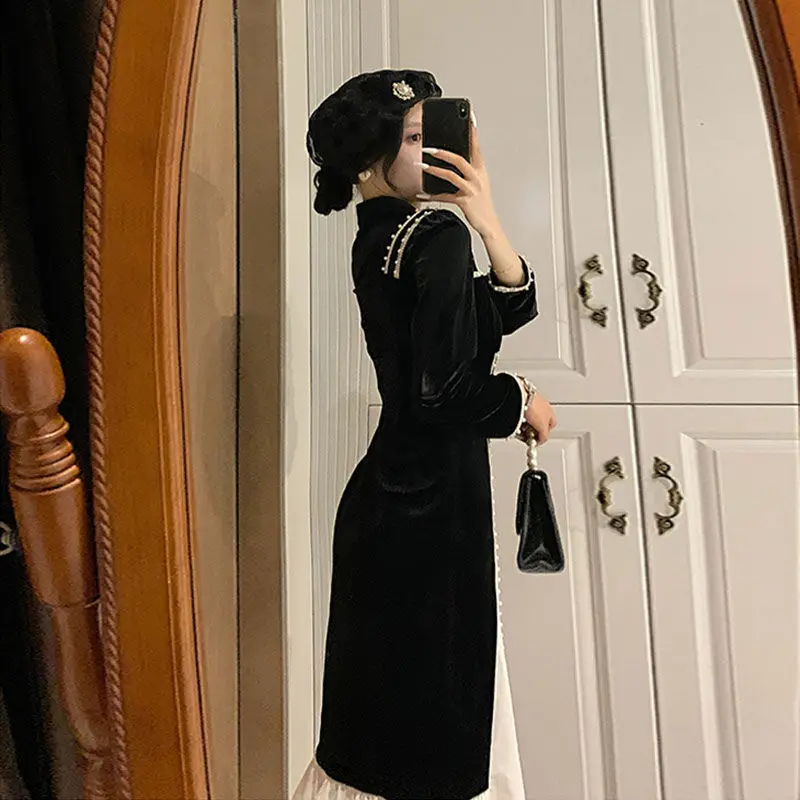 

2021 Spring New French Womens O-neck Black Velvet Retro Temperament Female Fashion Elegant Slim Waist Midi Dress Vestidos Y604