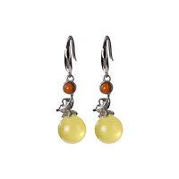 925 sterling silver natural beeswax earrings retro personalized leaves round beads women ear hook eardrop earring
