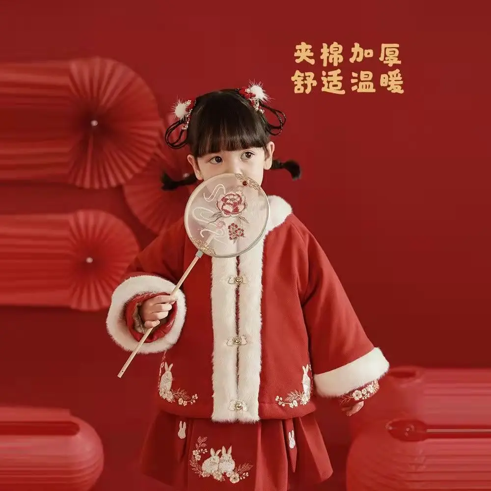 

Girls' Chinese style suit Chinese New Year clothes stitched embroidered cotton clothes baby fake two thickened coats