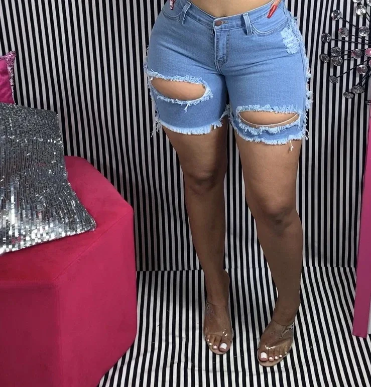 

2021 New Women Casual Denim Shorts Fashion Stretchy Shredded Ripped plus Size High Waist Short Pants