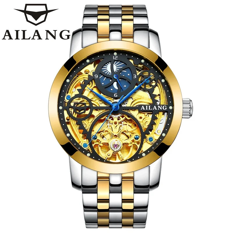 AILANG Casual Luminous Moon Phase Leather Strap Business Tourbillon Automatic Skeleton Men Watches Sport Relogio Masculino 6812A