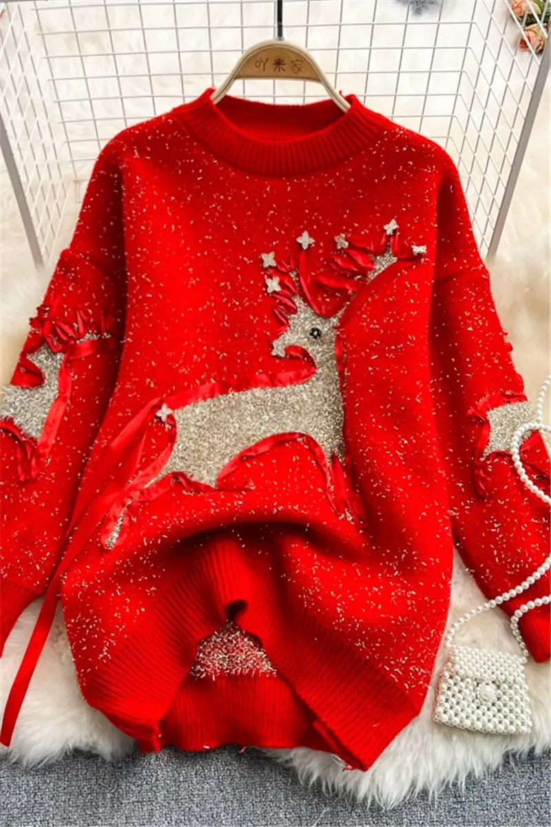 Свитер новинка зимы 2022 модный Рождественский Яркий шелковый Свободный Красный