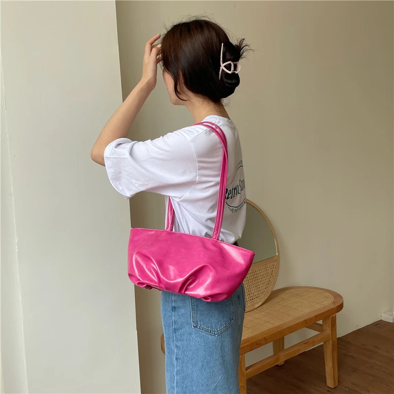 

Fashion Women Daily Casual Tote Handbags Pleated PU Leather Female Underarm Bag Simple Solid Color Ladies Small Shoulder Bags