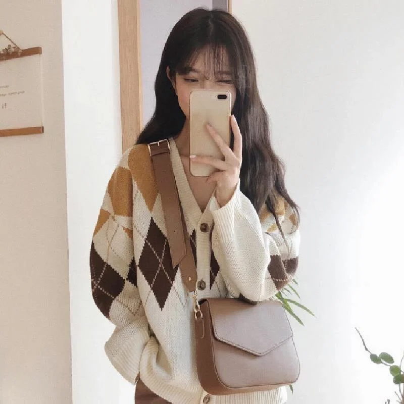 Женский однобортный Кардиган в клетку Черный Повседневный Свободный кардиган