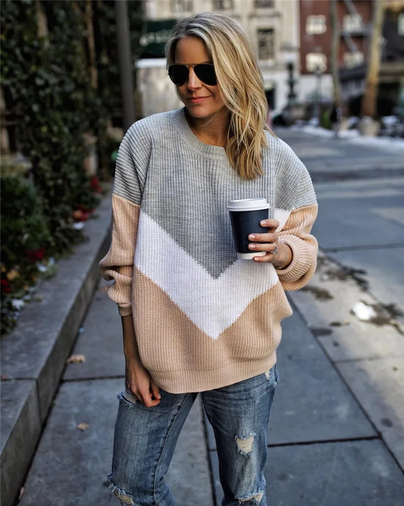

Plus Size Loose Knitted Sweater Women Jumpers Long Sleeve Woman Pullovers Sweaters Casual Winter Color Block Striped Sweater
