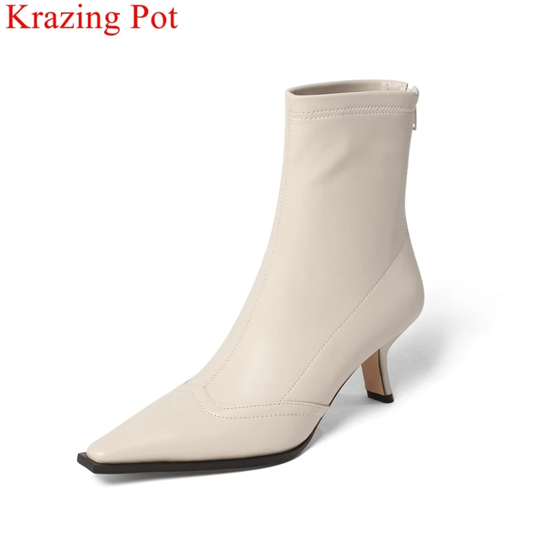 

Krazing Pot 2022 fashion cow leather strange style square toe stretch boots warm winter shoes zipper wedding elegant ankle boots