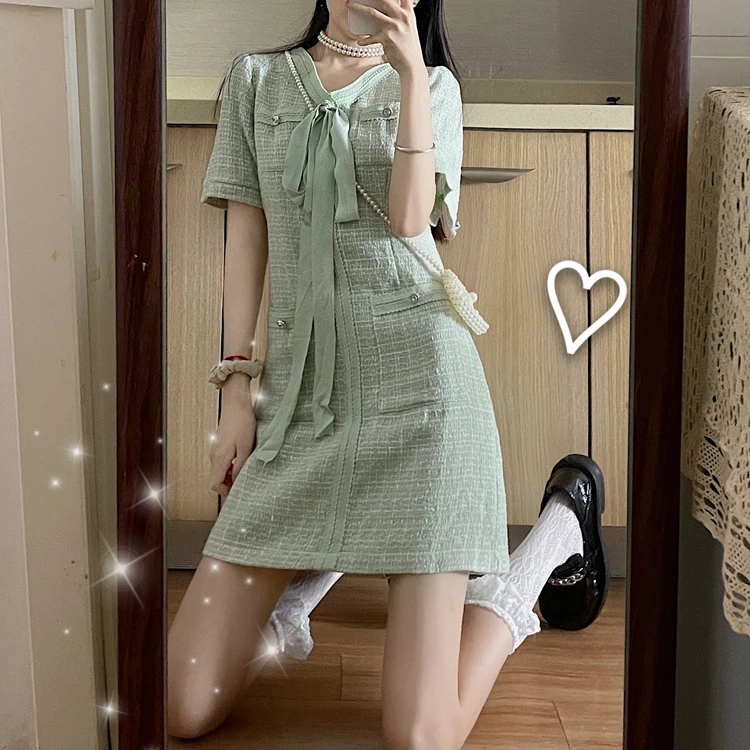 Платье женское твидовое с круглым вырезом винтажное модное мини платье зеленого