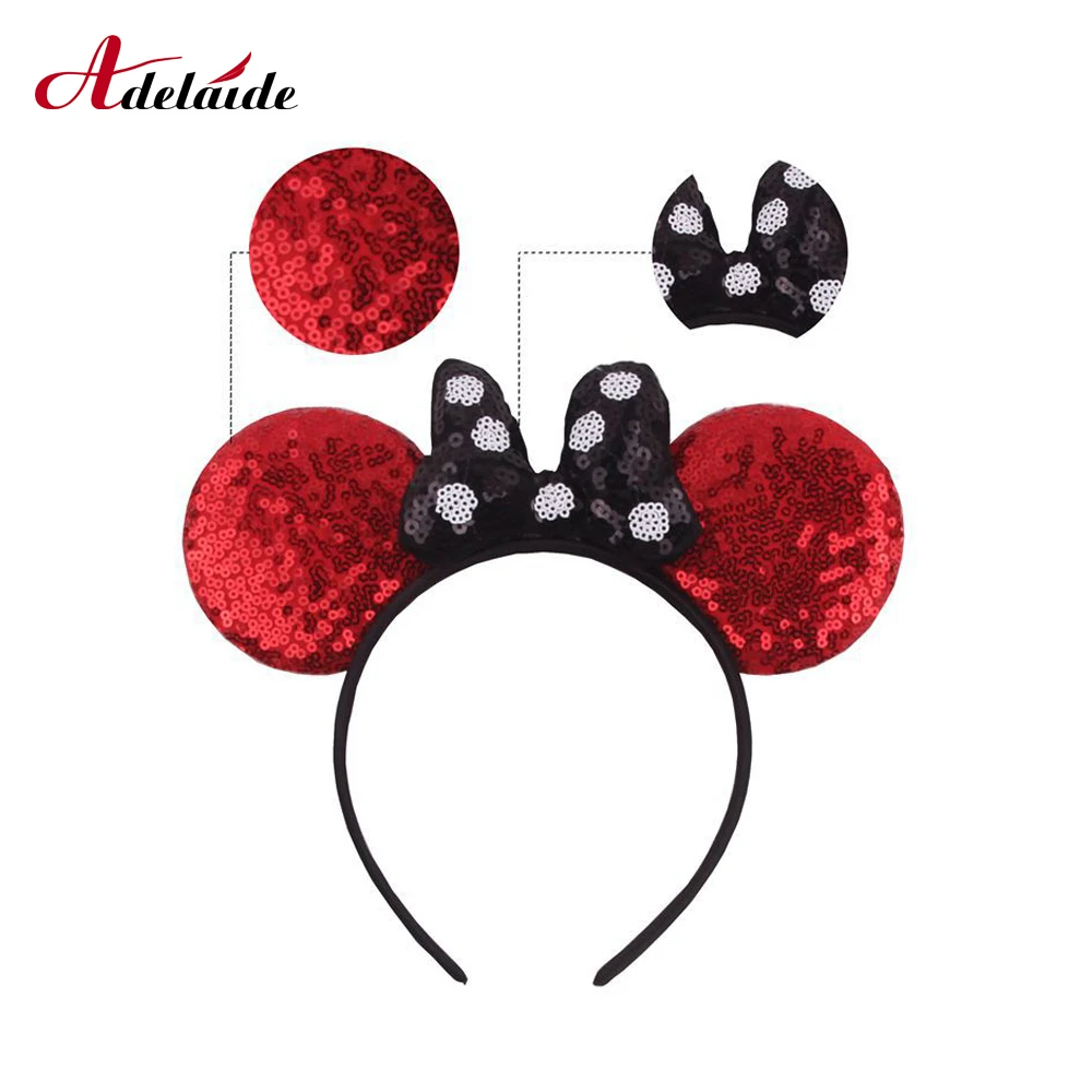 Модная повязка на голову с ушками Минни и блестками Классическая Женская для