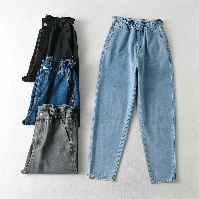 

TRAF Women 2021 Fashion Side Pockets Straight Jeans Vintage High Elastic Waist Single Button Denim Trousers Streetwear