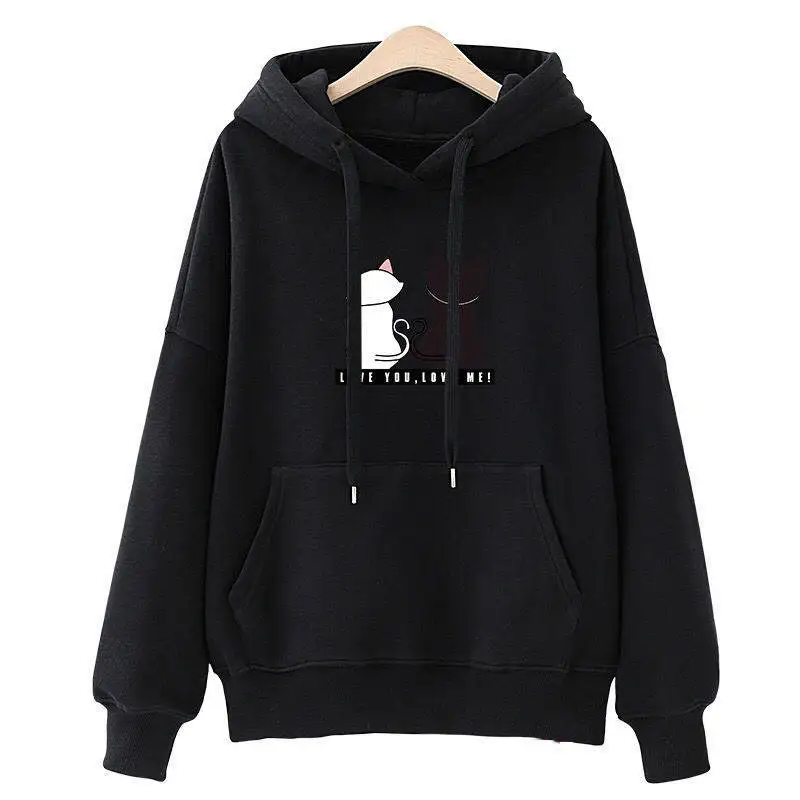 

S-3XLPlus Size Women's Hoodie Casual Sweatshirt Cat Print Top Autumn Winter Women Loose Pullover Hood