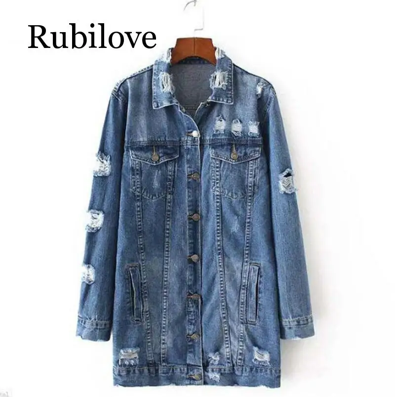 

Rubilove 2019 Denim Jackets Women Hole Boyfriend Style Long Sleeve Vintage Jean jacket Denim Loose Spring Autumn Denim Coat