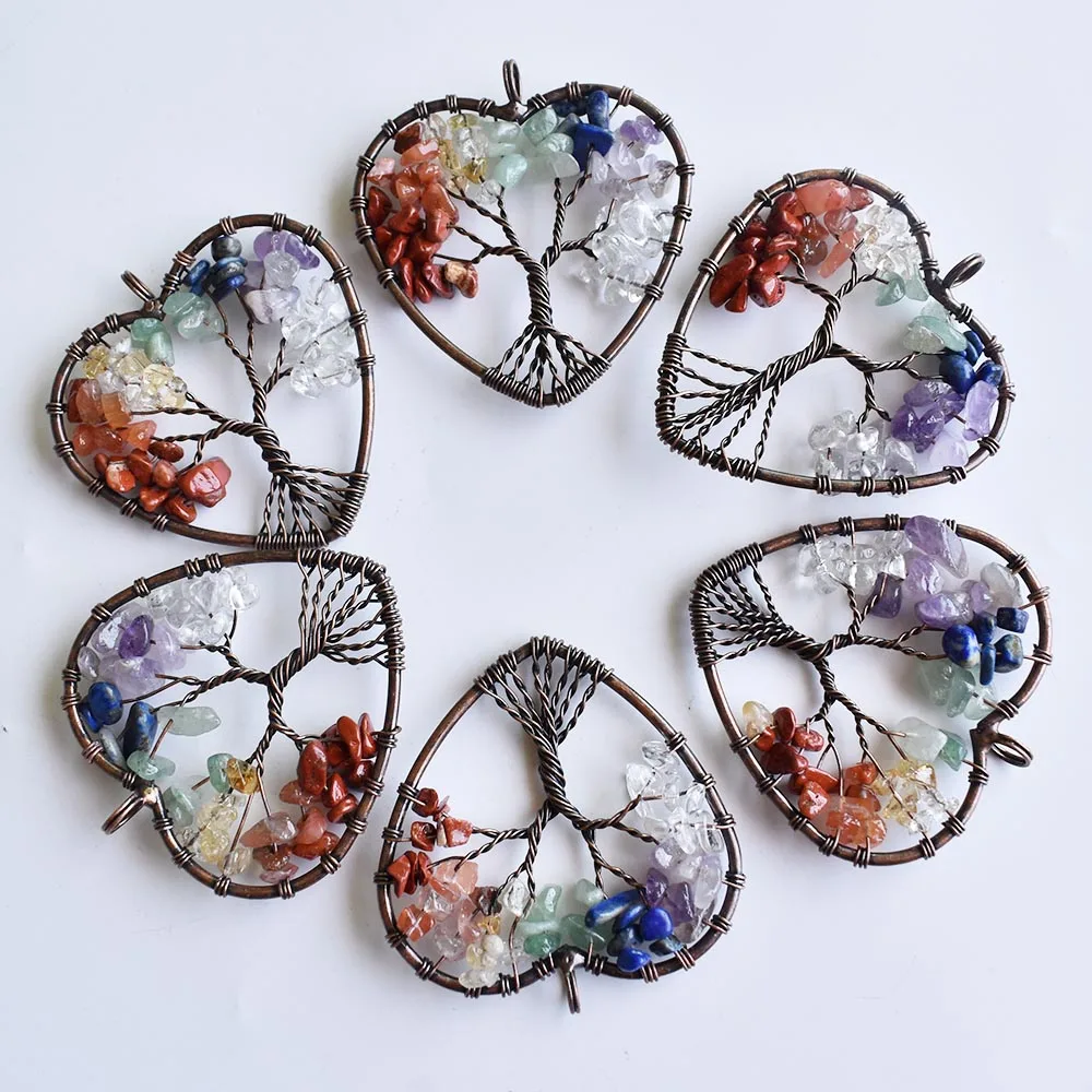 

Wholesale 6pcs/ lot new mixed natural stone heart-shaped life tree ancient copper wire wrapped pendant 50mm for jewelry marking