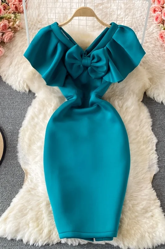 

Ladies Elegant Ruffle V-neck Evening Dress Women New Summer 2021 Bowknot Bodycon Party Dress Mini Wrap Hip Dresses