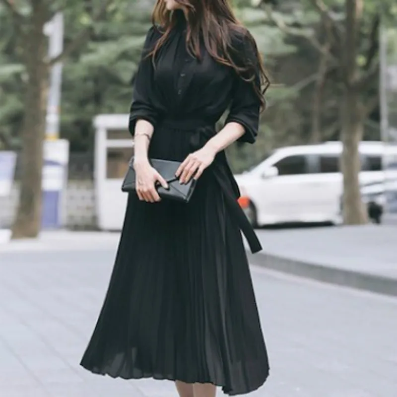 

Female Dresses Long Sleeve Casual Women's Dress Spring Pleated Fashion 2022 New Plaid Slim High Wasit Long Temperament Office