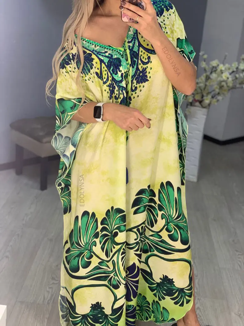 Пляжное платье с треугольным вырезом зеленое принтом в виде бохо хлопковое