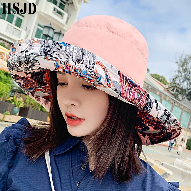 Bohemia Style Double-Sided Flower Sun Hats For Women Summer Large Wide Brim Anti-UV Foldable Beach Hat Female Floppy | Аксессуары для