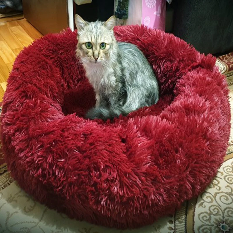 Pet Bed Long Plush Cat Bed Soft Round Mat Cat House Self-Warming Plush Cushion Dog Bed Kennels Machine Washable