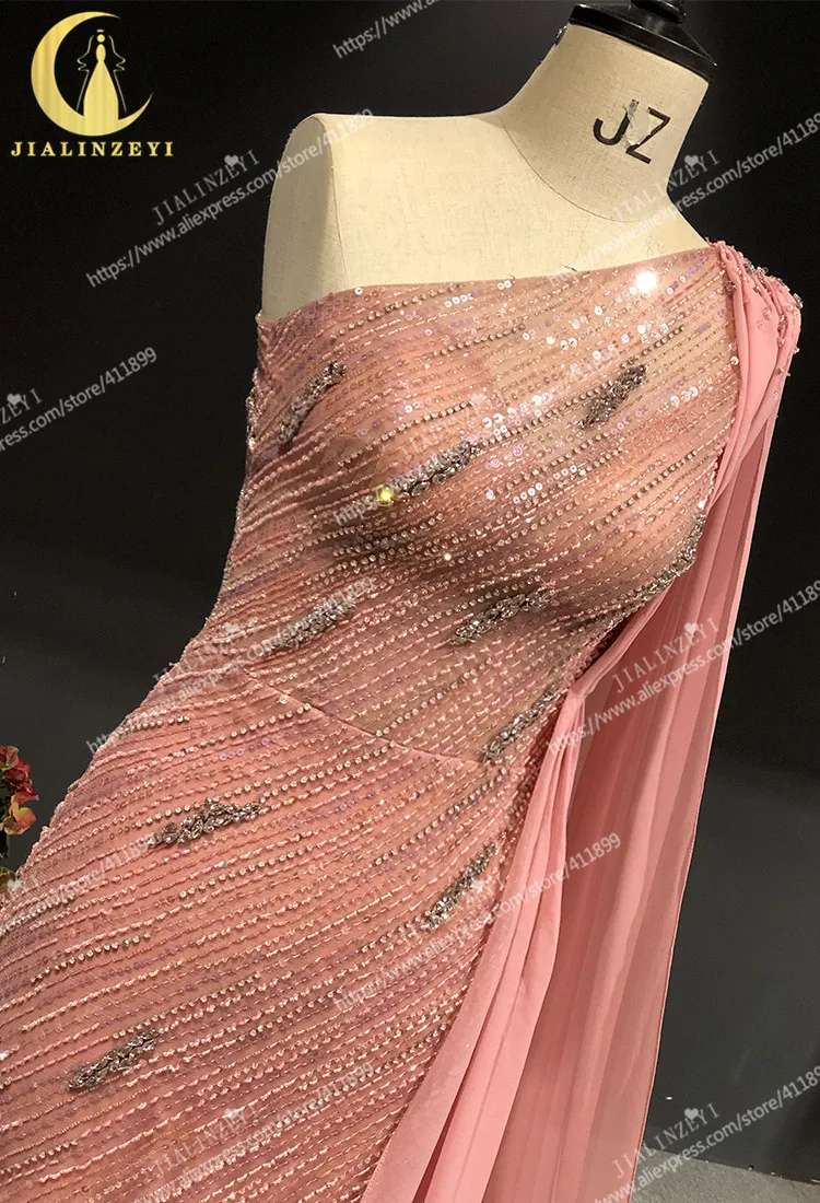 2021 Rhine real Pictures one shoulder pink mermaid beads luxurious sexy evening dress long formal dresses