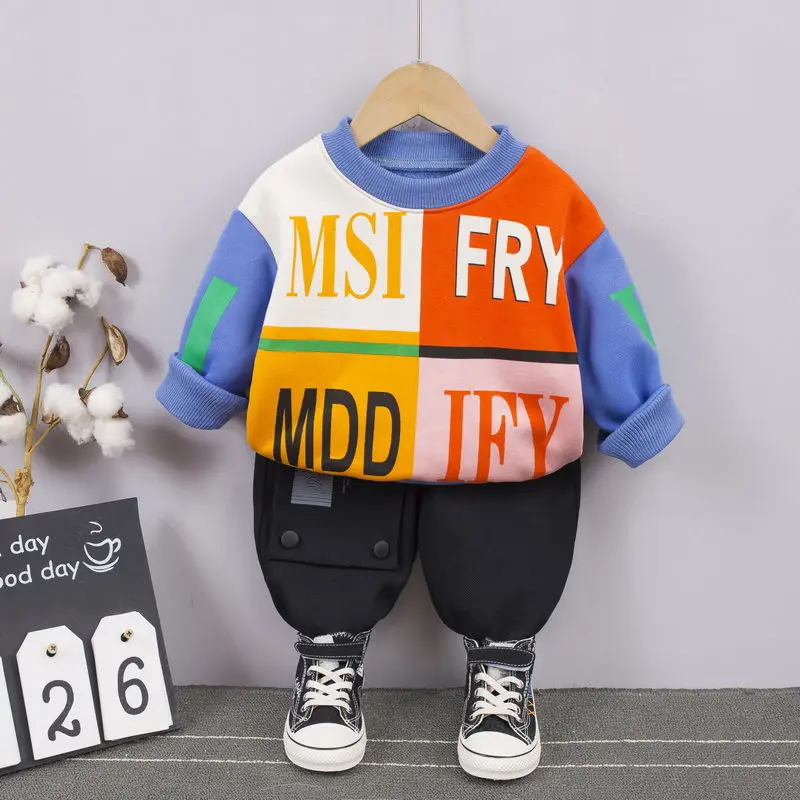 

Зимняя Детская Хлопковая одежда для маленьких мальчиков и девочек, утепленная теплая футболка с надписью, штаны, 2 шт./компл., детские модные ...