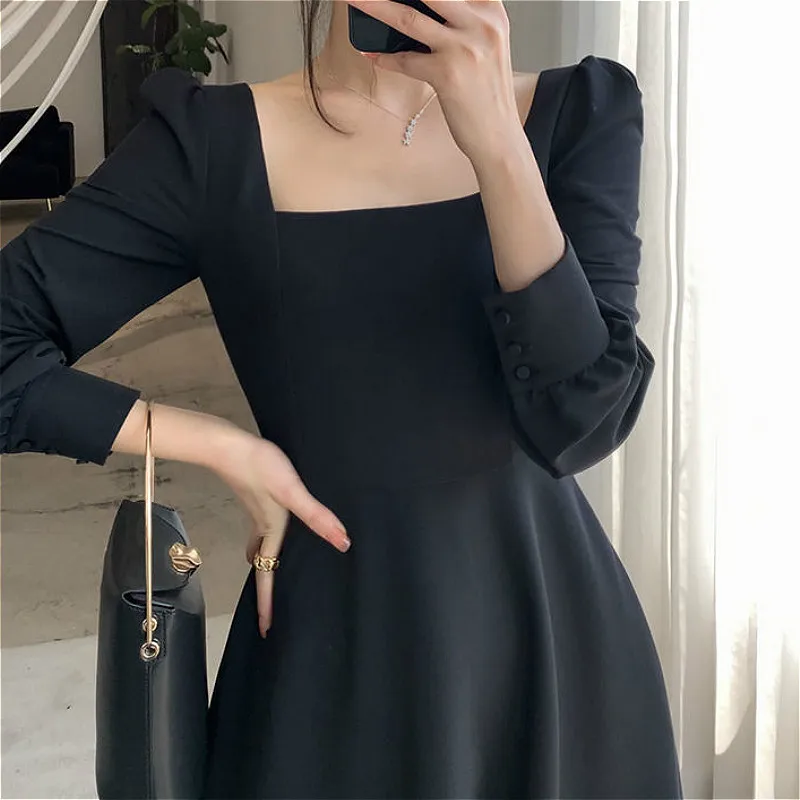 

Dress Women Elegant Long Sleeve Ladies New Clothing Pure Vintage Midi Square Collar Black Chic French Style Retro 2021 Vestido