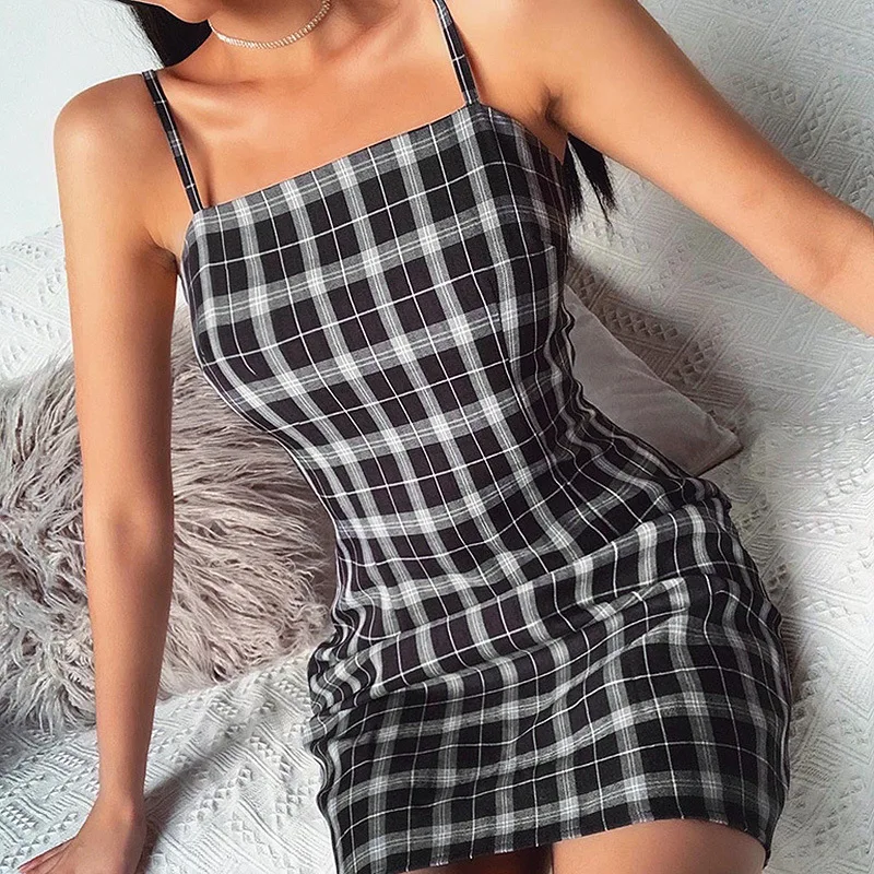 

retro plaid pattern printed strappy slim dress summer dress women