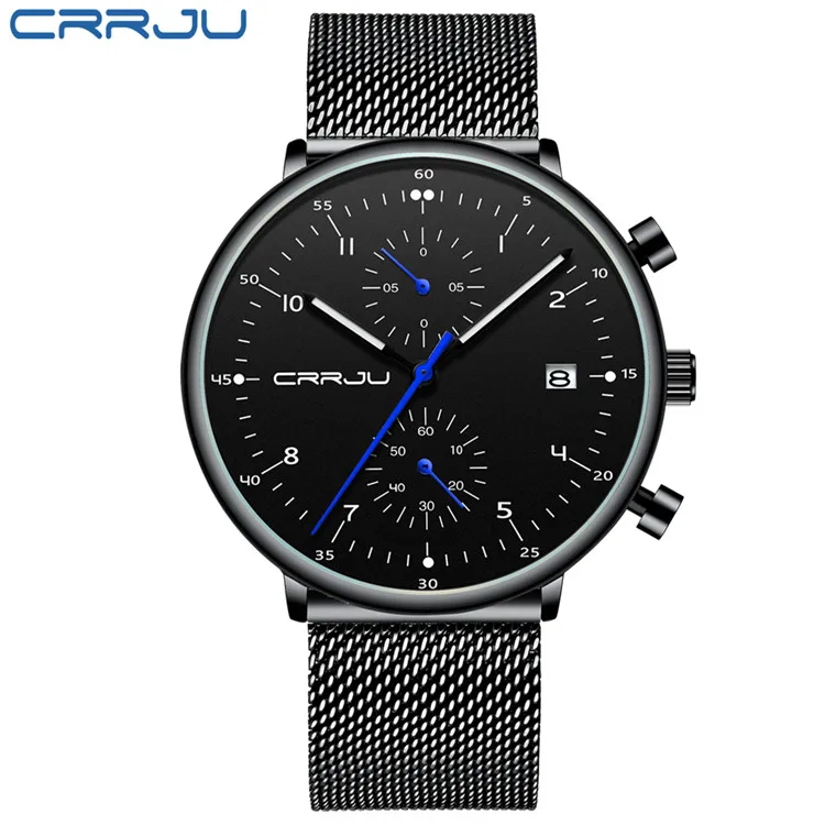 black black Relogio masculino CRRJU лучший бренд класса люкс мужские наручные часы из нержавеющей стали мужские водонепроницаемые кварцевые часы с календарем и хронографом - Цвет: black black