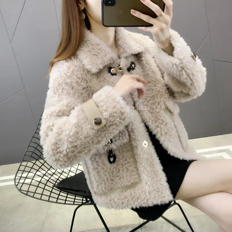 

Women 2021 Winter Real Sheep Shearling Coat Female Lapel Casual Warm Jacket Ladies Long Sleeve Natural Wool Fur Outerwear A291