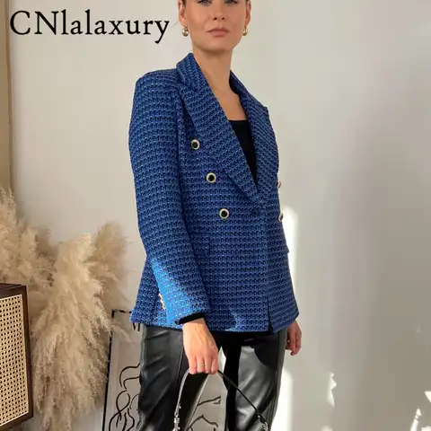 Женский твидовый Блейзер CNlalaxury, двубортный, винтажный, с длинным рукавом, женская уличная куртка