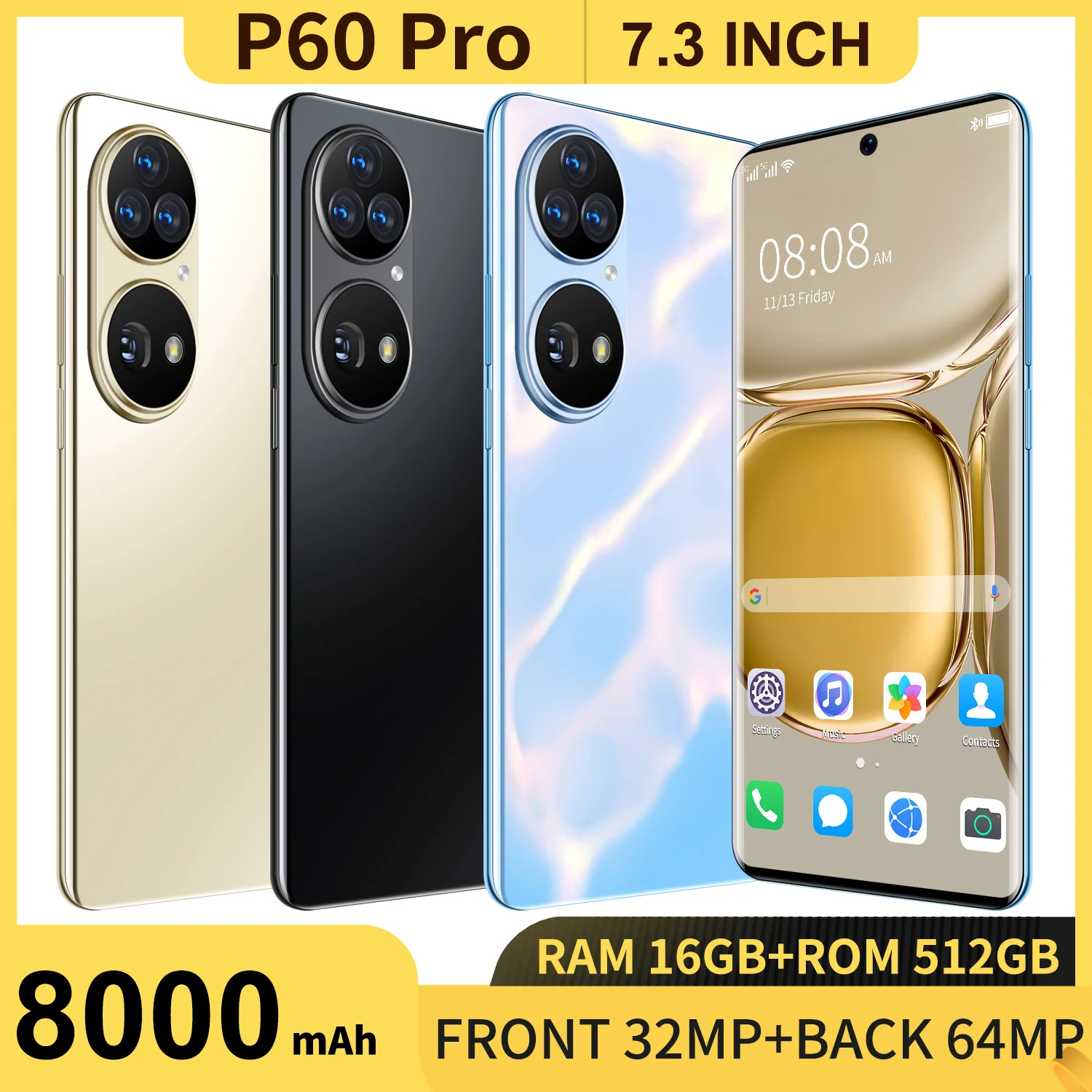 

Global Version Huawa P60 Pro 8000mAh 7.3Inch Screen Cellphone 16+512GB MT6893 10Core Android 11 Face Recognition Smartphone