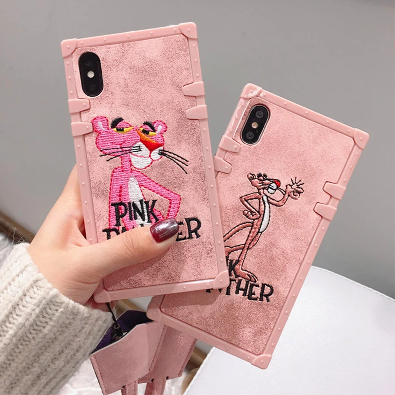 

Luxury Embroidery Pink Panther Square Silicone Case For Redmi Note 10 Pro 9 9 Pro Max 9S 8 8 Pro 8T 8 9 9A 9C Cute Cartoon Cover