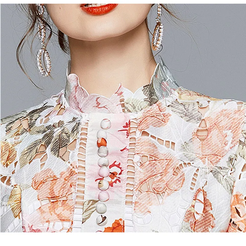 

Designer Dress Autumn Winter Women Fashion Casual Dresses Pink Long Sleeve Lace Embroidered Hollow Out Party Mini Dress Vestidos