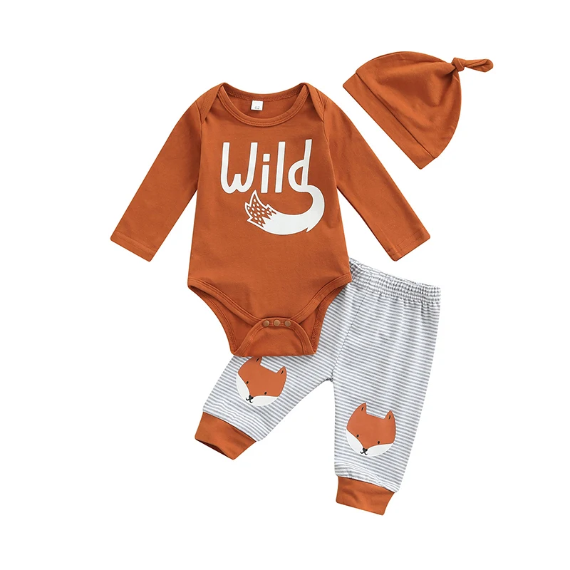 Infant Baby Girls Suit Long Sleeve Letter Triangle Romper Tops+Stripe Fox Printed Long Pants+Beanie Hat Outfits